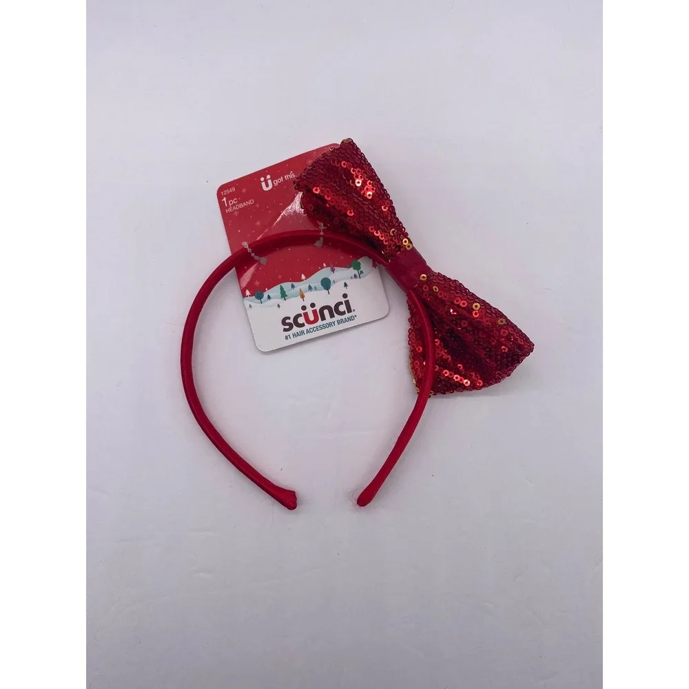 Scunci Red Sequin Bow Headband Girls OS Red Holiday Christmas Party‎ Sparkle